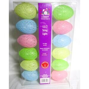 Easter Egg String Lights 12 CT Pastel Mesh Eggs Battery Operated 5.4 Feet
